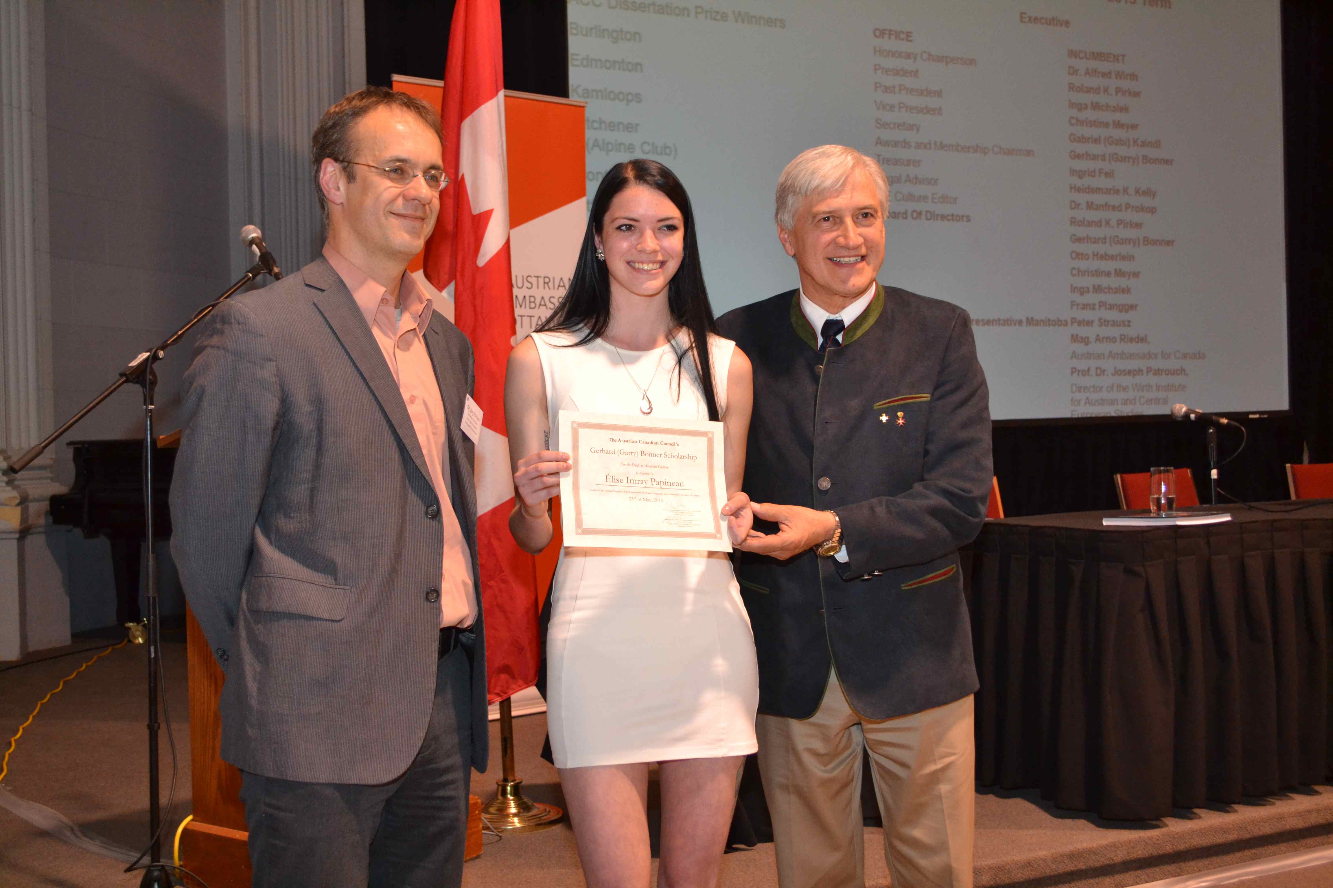 Scholarship winner Elise Papineau surrounded by Dr. Esleben and ACC Pres. Pirker Scholarship winner Elise Papineau surrounded by Dr. Esleben and ACC Pres. Pirker